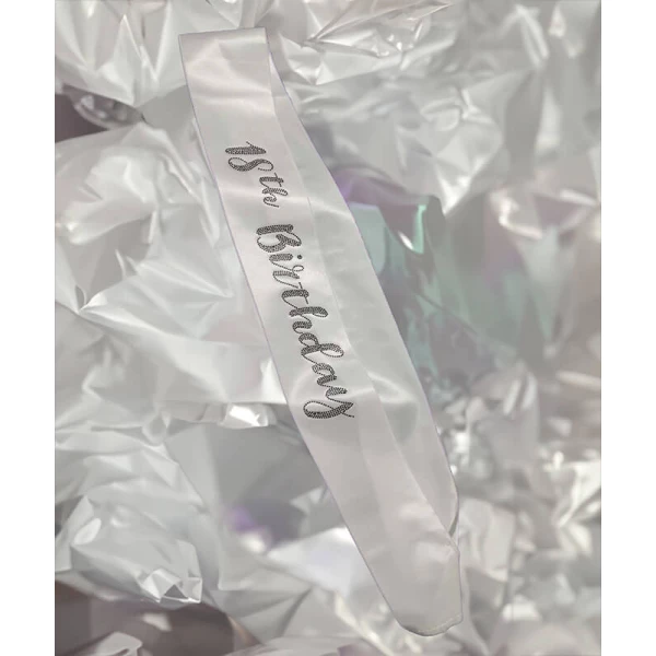 White 18th Birthday sash Black Diamante Stones