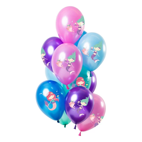 12 X DELUXE CARTOON MERMAID MULTICOLOURED PARTY BALLOONS - 30CM