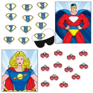 PIN THE SYMBOL ON THE SUPERHERO 2 SIDED PARTY GAME - 43CM X 49CM