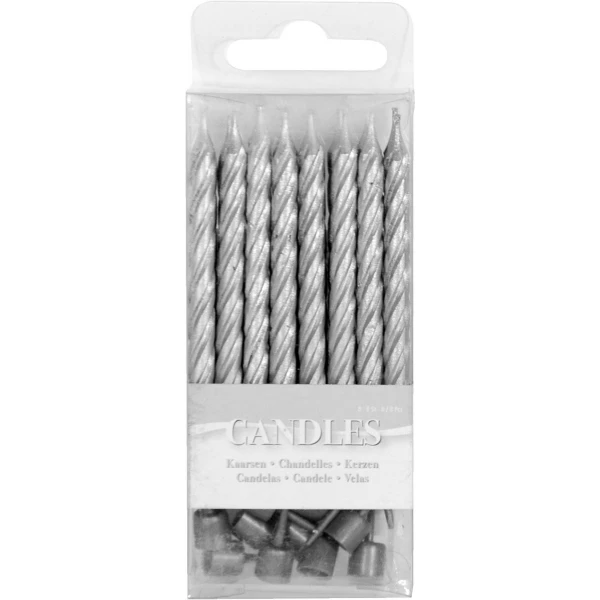 16 X SILVER BIRTHDAY CANDLES WITH HOLDERS