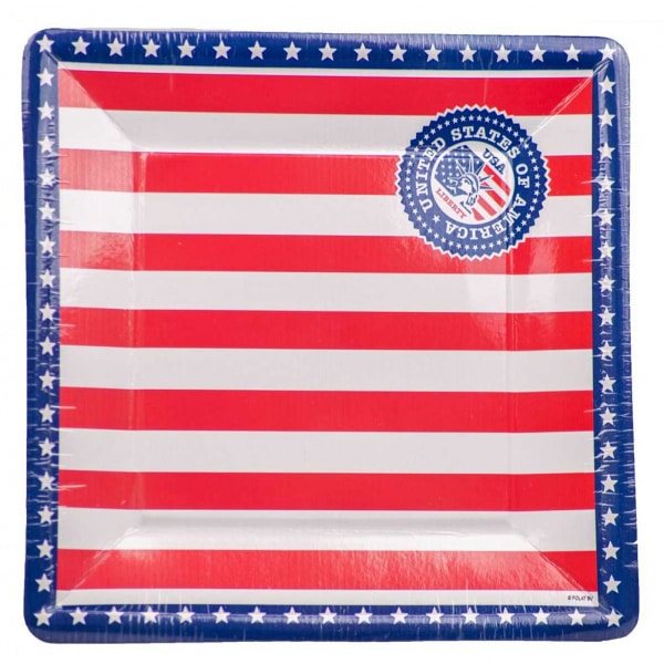 8 X USA AMERICAN FLAG SQUARE PARTY PLATES - 25CM