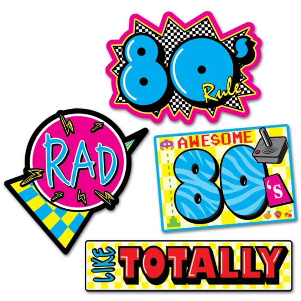 4 X RETRO 80'S CUTOUT DECORATIONS - 33CM - 39CM