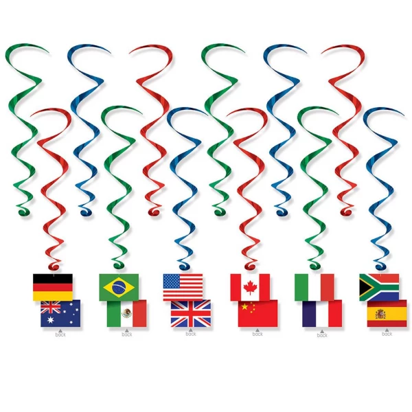 12 X INTERNATIONAL FLAG FOIL HANGING WHIRLS - 43CM - 81CM
