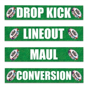 4 X RUGBY PHRASE SIGN DECORATIONS - 61CM X 10CM