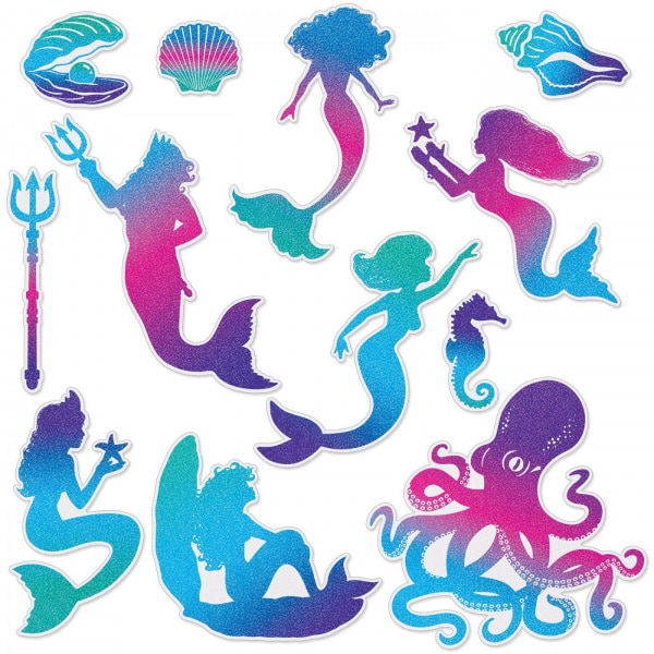 MERMAID GLITTERED SILHOUETTE CUTOUT DECORATIONS - 8CM - 23CM