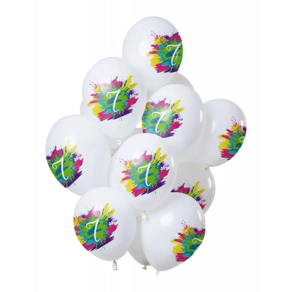 12 X DELUXE 7TH BIRTHDAY COLOUR SPLASH PARTY BALLOONS - 30CM