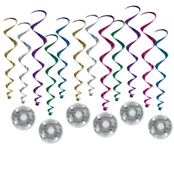 12 X DISCO BALL FOIL HANGING WHIRLS - 43CM - 81CM