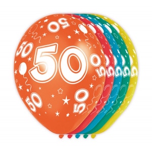 5 X 50TH BIRTHDAY ASSORTED COLOUR DELUXE PARTY BALLOONS - 30CM