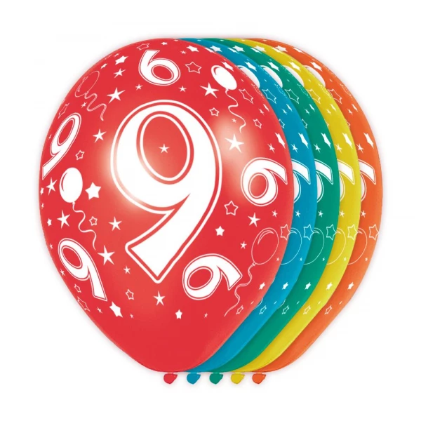 5 X 9TH BIRTHDAY ASSORTED COLOUR DELUXE PARTY BALLOONS - 30CM