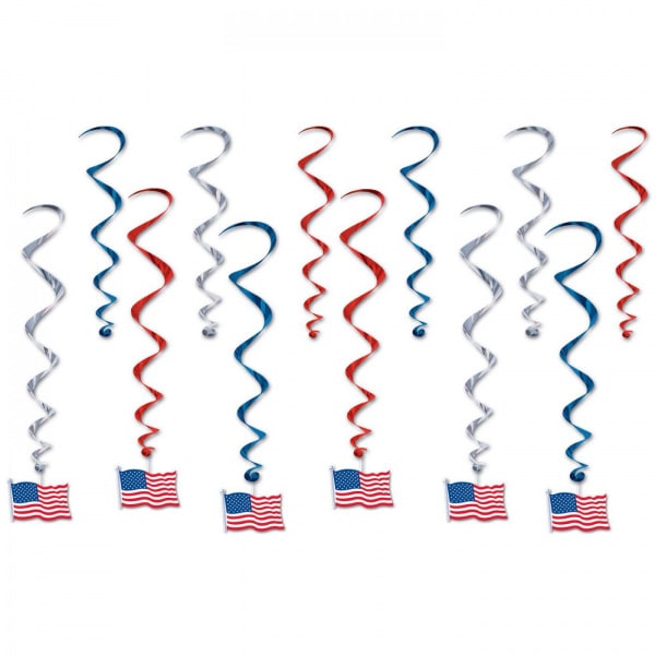 12 X USA AMERICAN FLAG FOIL HANGING WHIRLS - 43CM - 71CM