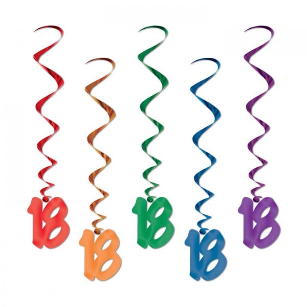 5 X 18TH BIRTHDAY COLOURFUL FOIL HANGING WHIRLS - 91CM