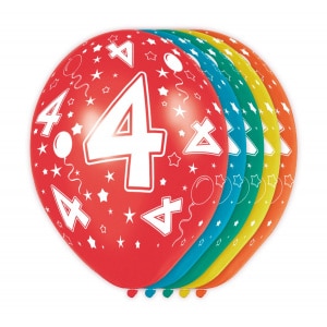5 X 4TH BIRTHDAY ASSORTED COLOUR DELUXE PARTY BALLOONS - 30CM