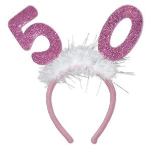 50TH BIRTHDAY PINK GLITTER & FLUFF TIARA HEAD BOPPERS