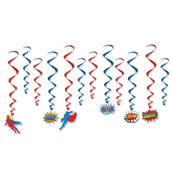 12 X SUPERHERO COMIC METALLIC HANGING WHIRLS - 43CM - 79CM