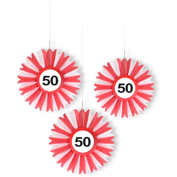 3 X 50TH BIRTHDAY TRAFFIC SIGN HONEYCOMB FAN DECORATIONS