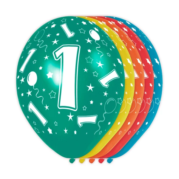 5 X 1ST BIRTHDAY ASSORTED COLOUR DELUXE PARTY BALLOONS - 30CM