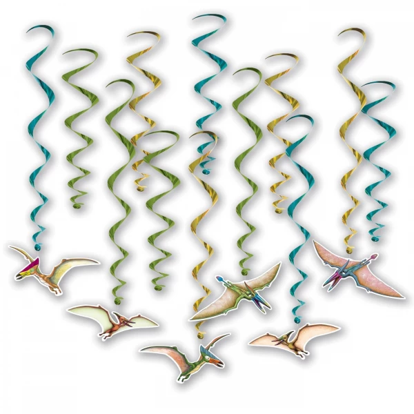 12 X DINOSAUR PTERODACTYL FOIL HANGING WHIRLS - 43CM - 81CM