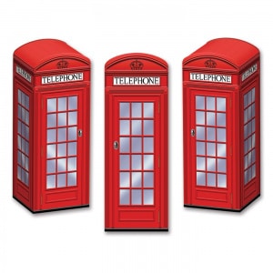 3 X RED PHONE BOX TABLE DECORATIONS / PARTY FAVOUR BOXES - 22CM