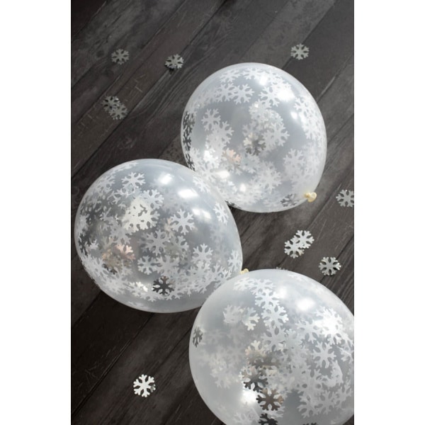 4 X WHITE SNOWFLAKE CONFETTI FILLED PARTY BALLOONS - 30CM