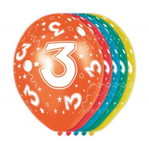 5 X 3RD BIRTHDAY ASSORTED COLOUR DELUXE PARTY BALLOONS - 30CM
