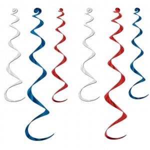 6 X RED, WHITE & BLUE FOIL HANGING WHIRLS - 61CM - 92CM