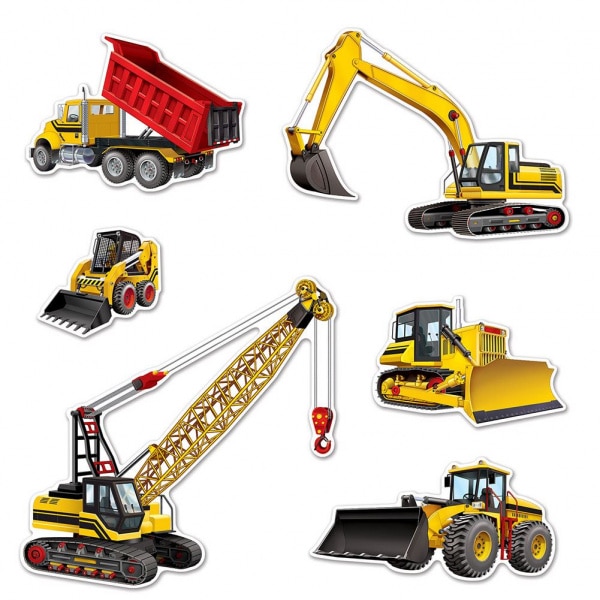 6 X DIGGERS & TRUCKS CUTOUT DECORATIONS - 20CM - 52CM