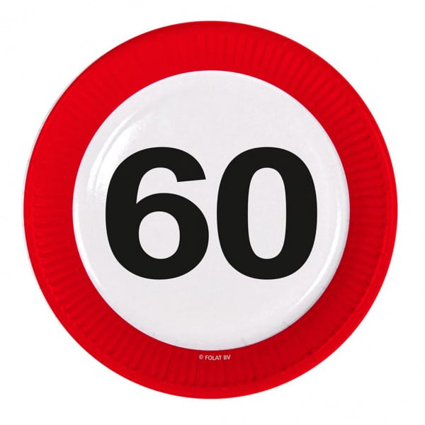 8 X 60TH BIRTHDAY TRAFFIC SIGN PARTY PLATES - 23CM