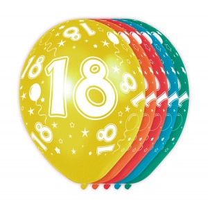 5 X 18TH BIRTHDAY ASSORTED COLOUR DELUXE PARTY BALLOONS - 30CM