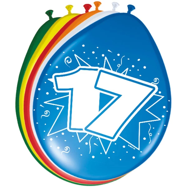 8 X 17TH BIRTHDAY ASSORTED COLOUR DELUXE PARTY BALLOONS - 30CM