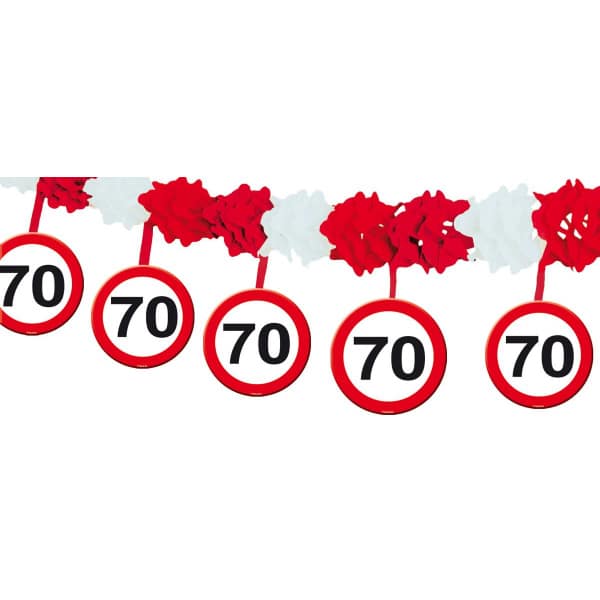 70TH BIRTHDAY TRAFFIC SIGN PARTY GARLAND WITH HANGERS - 4M