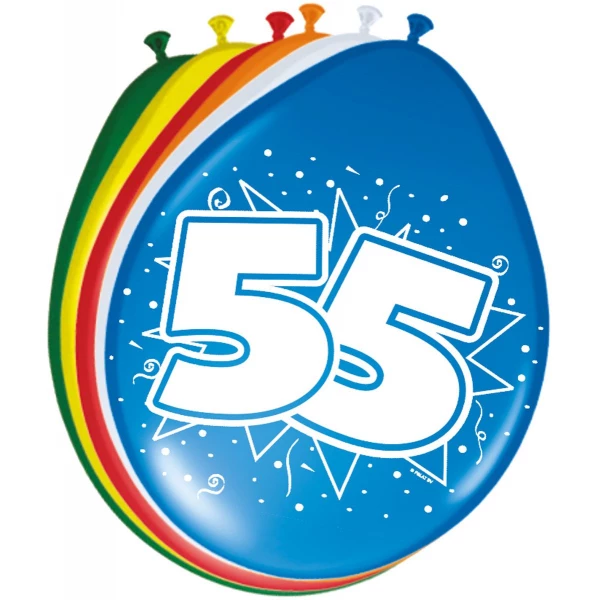 8 X 55TH BIRTHDAY ASSORTED COLOUR DELUXE PARTY BALLOONS - 30CM