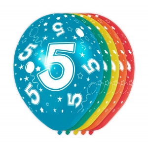 5 X 5TH BIRTHDAY ASSORTED COLOUR DELUXE PARTY BALLOONS - 30CM