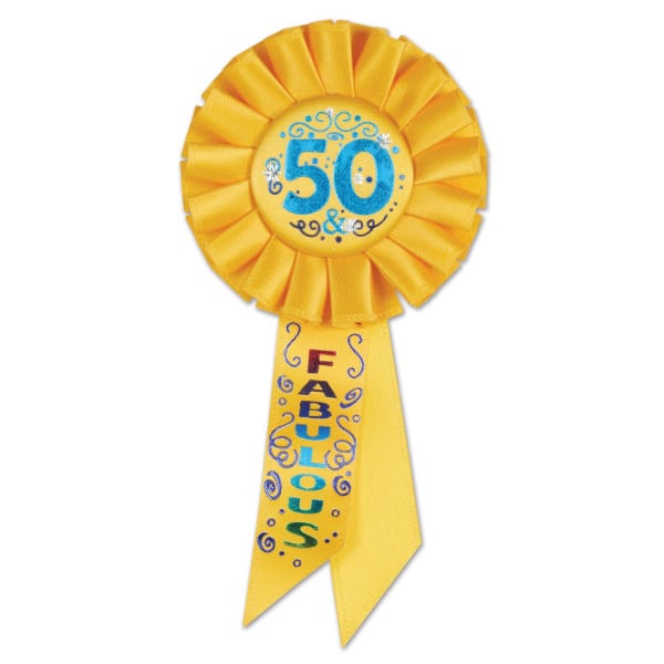 50TH BIRTHDAY YELLOW "50 AND FABULOUS" ROSETTE BADGE - 16CM X 9.5CM