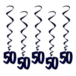 5 X 50TH BIRTHDAY "OVER THE HILL" BLACK FOIL HANGING WHIRLS - 91CM