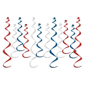 12 X RED, WHITE & BLUE FOIL HANGING WHIRLS - 34CM - 64CM