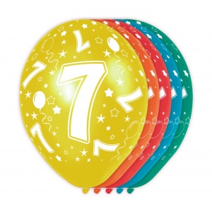 5 X 7TH BIRTHDAY ASSORTED COLOUR DELUXE PARTY BALLOONS - 30CM