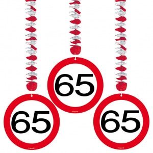 3 X 65TH BIRTHDAY PARTY TRAFFIC SIGN HANGING DECORATIONS