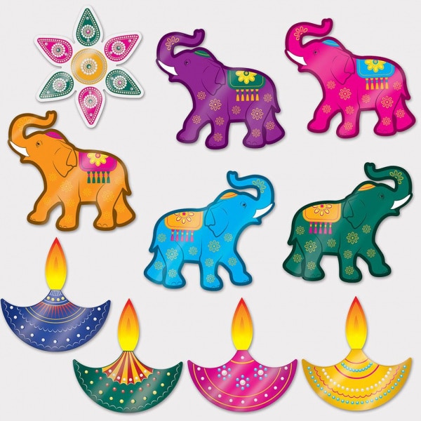 10 X DIWALI ELEPHANTS & LAMPS CUTOUT DECORATIONS - 25CM - 29CM