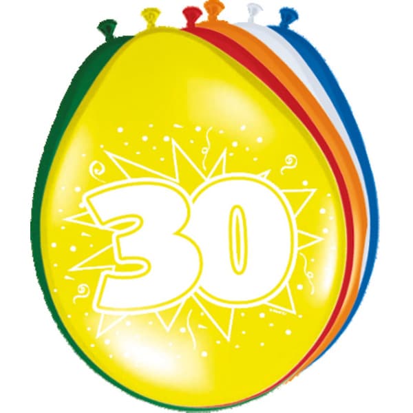 8 X 30TH BIRTHDAY ASSORTED COLOUR DELUXE PARTY BALLOONS - 30CM