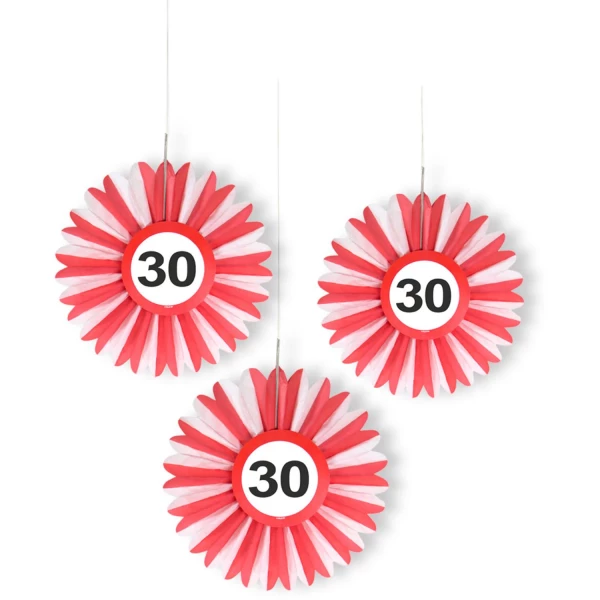 3 X 30TH BIRTHDAY TRAFFIC SIGN HONEYCOMB FAN DECORATIONS