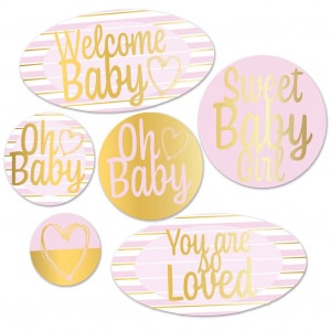 6 X BABY SHOWER PINK & GOLD FOILED CUTOUT DECORATIONS - 13CM - 33CM