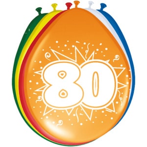 8 X 80TH BIRTHDAY ASSORTED COLOUR DELUXE PARTY BALLOONS - 30CM
