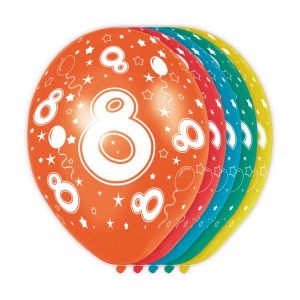 5 X 8TH BIRTHDAY ASSORTED COLOUR DELUXE PARTY BALLOONS - 30CM