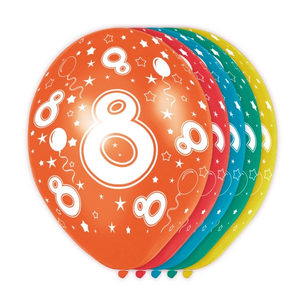 5 X 8TH BIRTHDAY ASSORTED COLOUR DELUXE PARTY BALLOONS - 30CM
