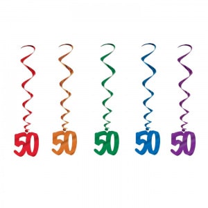 5 X 50TH BIRTHDAY COLOURFUL FOIL HANGING WHIRLS - 91CM