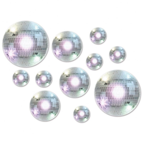 12 X DISCO BALL CUTOUT DECORATIONS - 10CM - 30CM