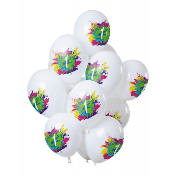 12 X DELUXE 1ST BIRTHDAY COLOUR SPLASH PARTY BALLOONS - 30CM