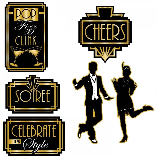 6 X 20'S GREAT GATSBY CUTOUT DECORATIONS - 27CM - 41CM