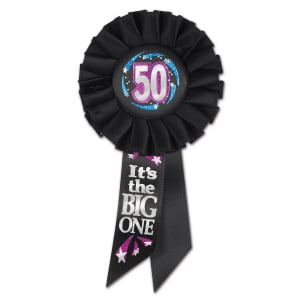 50TH BIRTHDAY "50 - IT'S THE BIG ONE" ROSETTE BADGE - 16CM X 9.5CM