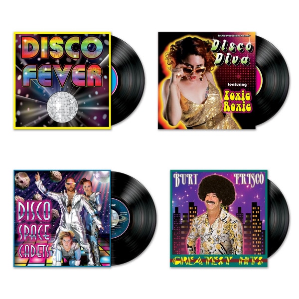 4 X 70'S DISCO ALBUM 2 SIDED CUTOUT DECORATIONS - 38CM X 45CM